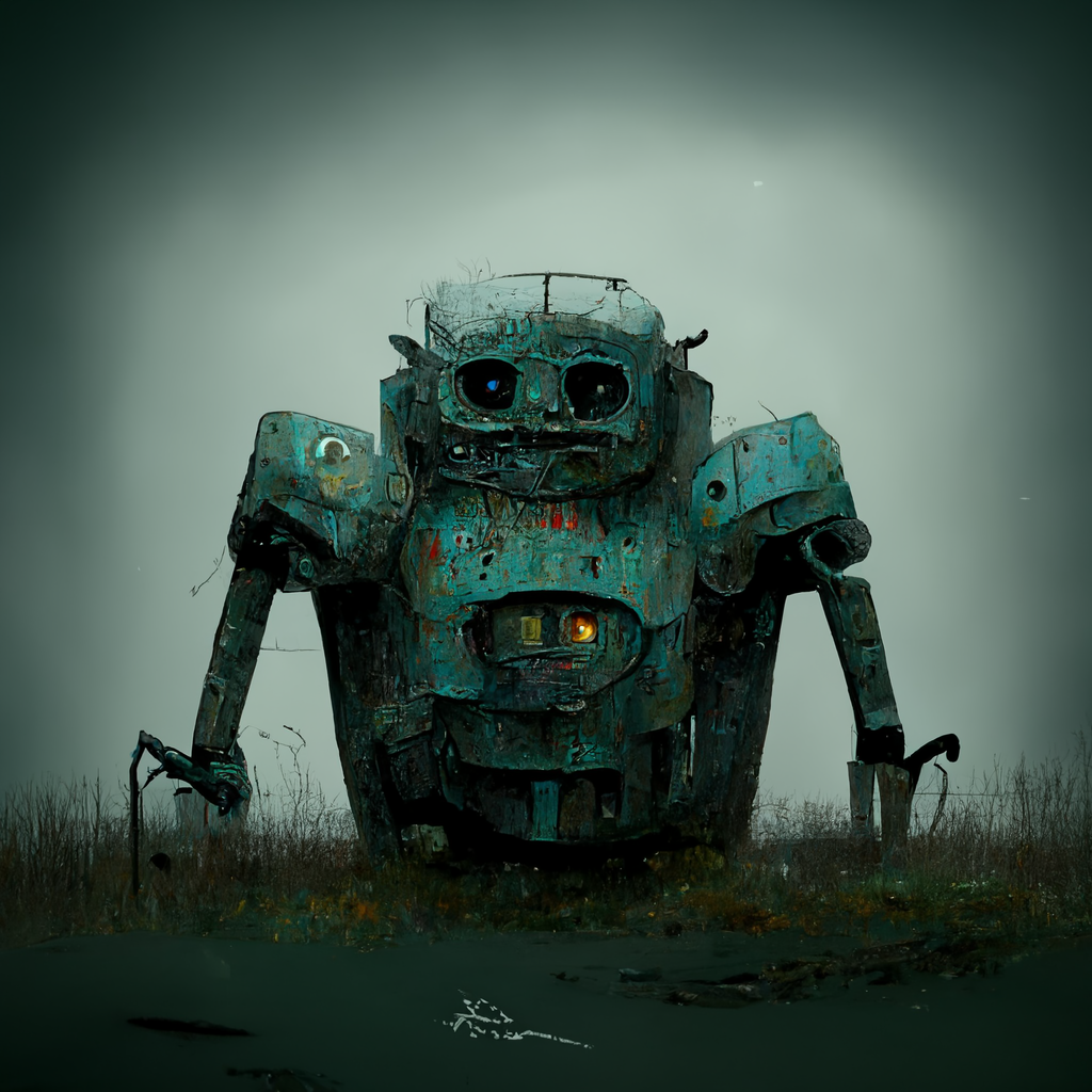 An image of a rusty robot in a field.